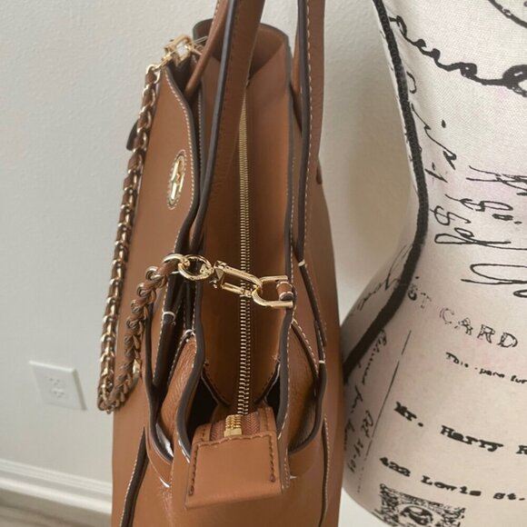 MICHAEL KORS CARMEN LARGE TOTE PEBBLE LEATHER CHESTNUT GOLD VERSATILE CARRY ALL - Picture 14 of 16